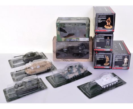 Various Military Models including, Atlas Edition Multiple Gun Motor Carriage M16, Gate Willys Jeep, 5 x diecast military Tank