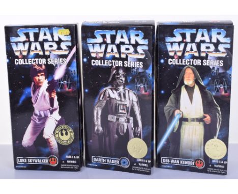 1996 Kenner Star Wars Collectors Series 12 inch Dolls, consisting of Obi-Wan Kenobi, Darth Vader and Luke Skywalker. All seal