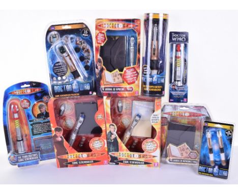 Eight Doctor Who Sonic Screwdrivers, including, 2 x the  3rd Doctor screwdrivers, the 9th Doctor, 10th Doctors sonic Screwdri