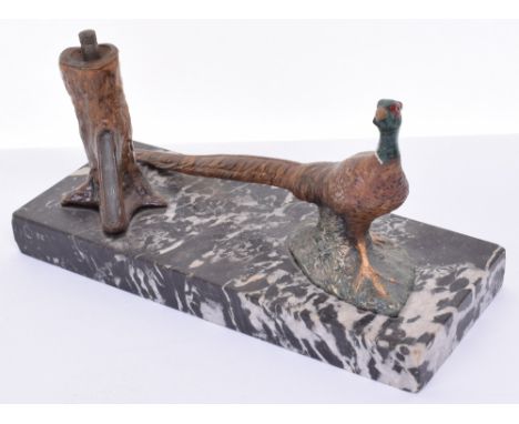 20th Century Table Lighter in the form of a strolling pheasant with tree stub on marble base. Nicely painted decoration to th