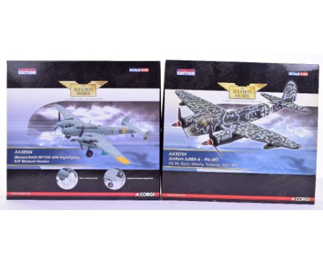 Two Corgi The Aviation Archive Models, AA36704 Junkers Ju88A-6-PN+MT and AA38504 Messerschmitt Bf110G-4/R6 both 1:72 Scale, i