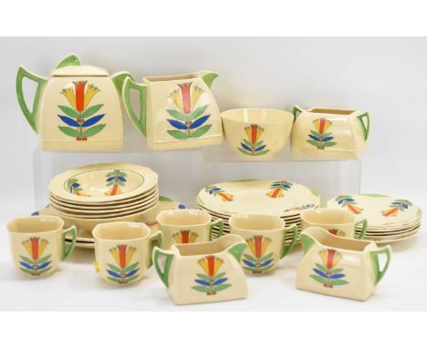 ROYAL DOULTON; a thirty-six piece Art Deco inspired part tea and dinner service, D5103 'Mecca' pattern, decorated with stylis