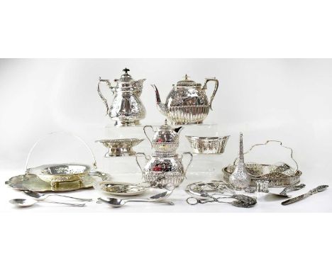 A quantity of silver-plated items, to include a three-piece tea service with mother-of-pearl finials, a large quantity of fla