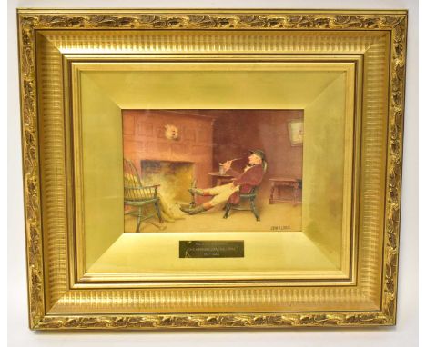 JOHN ARTHUR LOMAX ROI RBA (1857-1926); watercolour, titled to plaque on frame 'Reliving the Chase', depicting a huntsman rela