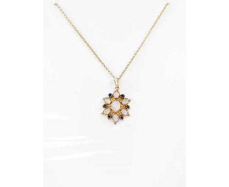 A 9ct gold dainty link necklace with ring clasp, length 40cm, together with a sapphire and simulated opal pendant in 9ct gold