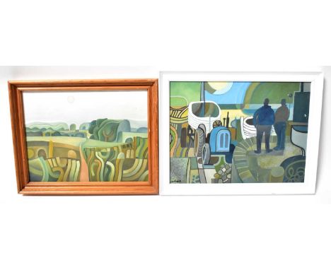 † COLIN FIFIELD (1940-2022); two acrylics on canvas 'Abstract Fields', unsigned, titled verso, 26.8 x 34.9cm, and 'Trawlermen