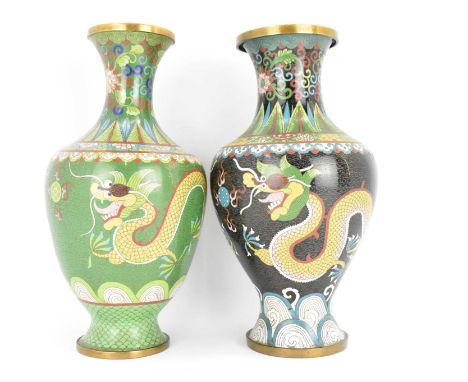 Two modern cloisonné vases of baluster form, one with dragon chasing the Flaming Pearl of Wisdom on green ground, the other s