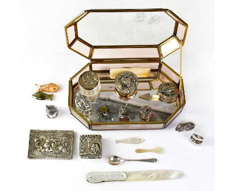 A collection of silver, plated and pewter items comprising a silver snuff box with parcel gilt interior and lid depicting fig