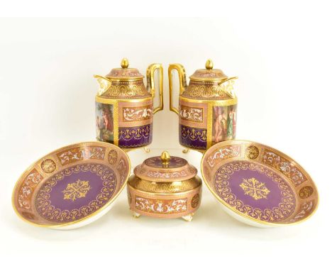VIENNA PORCELAIN; a five-piece part Cabaret coffee service comprising two coffee pots of small proportions, height 14cm, with