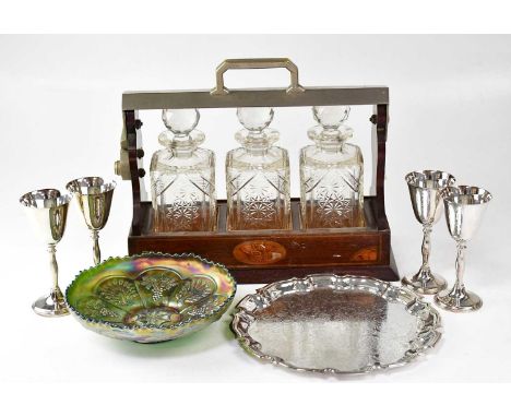 Mixed collectibles, comprising a Fenton green carnival glass dish, decorated with the grape and peacock design, diameter 21cm