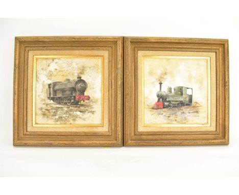 † MARK WILKINSON (British, 20th century); a pair of oils on canvas, locomotives, signed lower left and lower right, both 23.5