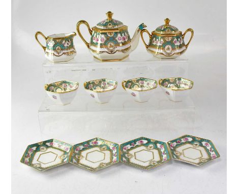 NORITAKE; a 20th century eleven-piece tea service comprising teapot, height 14cm, lidded sugar bowl, milk jug, four cups and 