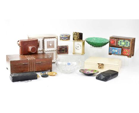 A collectors' lot to include jewellery boxes, a cut glass fruit bowl, two vintage cameras, a Casio LCD pocket 'color' televis