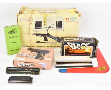 A collectors' lot comprising a boxed 'Optim Sport TV Colour Game Model T-106C', six games with two remote controls including 