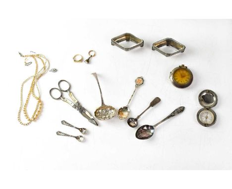 Mixed silver and silver-plated items comprising a Victorian hallmarked silver Elkington &amp; Co sugar sifter, a pair of Cont