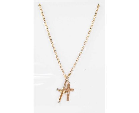 A 9ct gold light dainty necklace with lobster claw clasp, length 44cm, and two 9ct gold cross pendants, length approx. 3cm, c