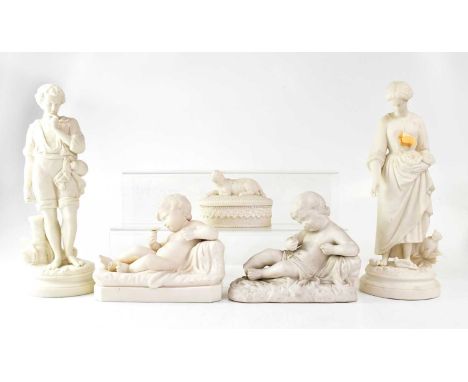 Five pieces of late 19th/early 20th century Parian ware comprising an oval pot surmounted by a lamb, a pair of figures, a man