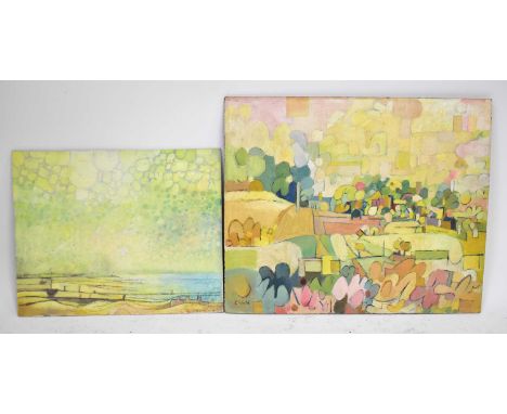 † COLIN FIFIELD (1940-2022); two oils on board, 'Yellow Abstract Cooling, Kent', signed lower left, titled and dated 1960s ve