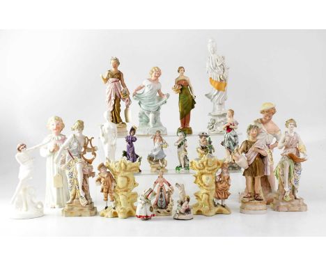 A large collection of 19th and 20th century figures to include bisque, Japanese-style pen holder, spill vases, Chelsea red an