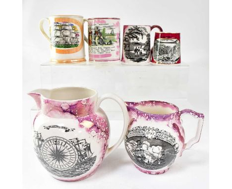 Four pieces of Sunderland ware comprising a frog mug with printed scene and verse 'The Sailor's Return', a jug with maritime 