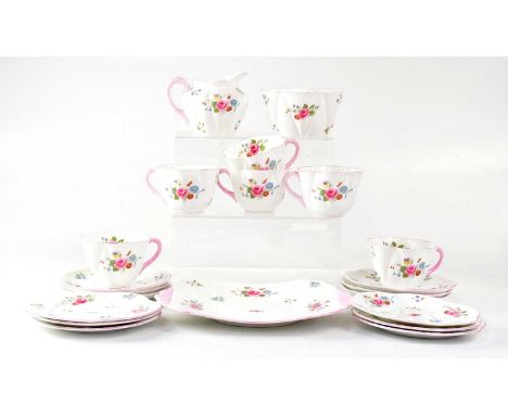 SHELLEY; a part tea service in the 'Dainty' shape with rose and English country garden sprigs, on white ground with pink bord
