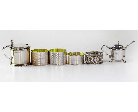 Seven items of hallmarked silver comprising a pair of Edwin Joseph Houlson napkin rings with engine turned pattern, Birmingha