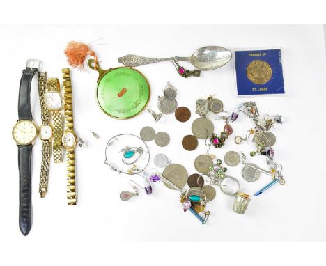 Various items of costume jewellery to include wristwatches, silver rings, enamelled badges, coins, coin pendant, thimble, an 