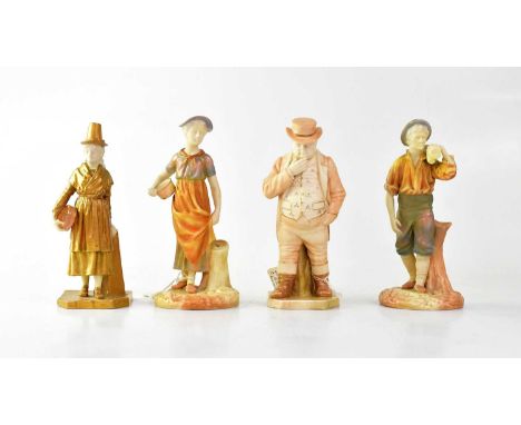 Four Royal Worcester figures by James Hadley comprising 'John Bull', with impressed and puce marks, a pair of figures, 'Milkm