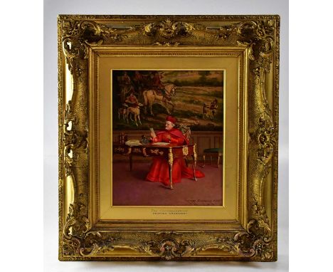 GEORGES CROEGAERT (Belgian, 1848-1923); oil on panel 'The Correspondence', depicting a cardinal at his writing desk, in a ric
