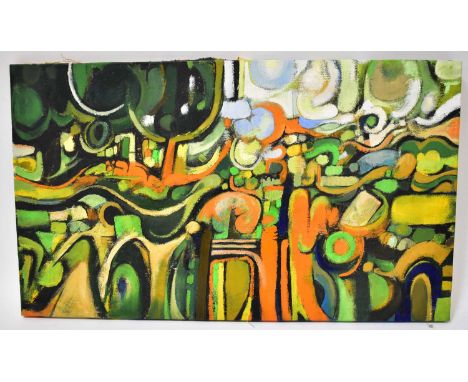 † COLIN FIFIELD (1940-2022); oil on canvas, 'Orange Green Abstract', signed and titled verso, 41 x 70.5cm.  Provenance: Colin