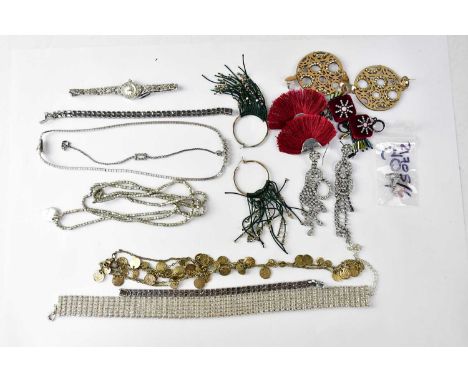 A quantity of costume jewellery including a 9ct white gold fringe necklace with beaded square drop and ring fastener, length 