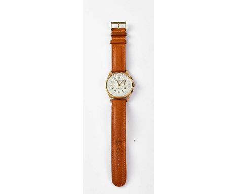 An 18ct gold vintage French Chronographe Suisse seventeen jewel anti-magnetic manual wind wristwatch, diameter of bezel exclu
