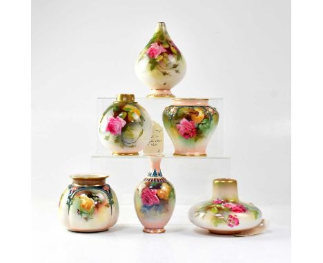 ROYAL WORCESTER; six vases and pots, all painted with roses, comprising a globular vase no. 1039, a teardrop-shaped vase no. 