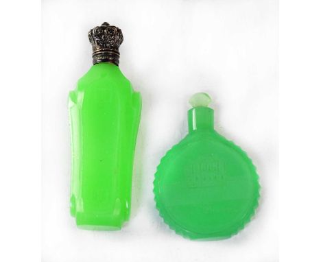 An early 20th century opaline and green uranium glass scent bottle and flask, one of Art Deco form with facet cut shoulders, 