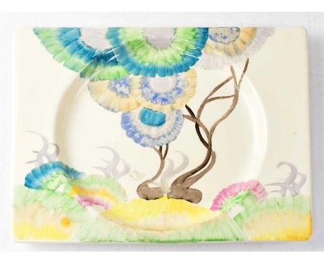 CLARICE CLIFF; a Royal Staffordshire 'Bizarre' pattern sandwich plate, reg no. 184849, 21 x 26.5cm.