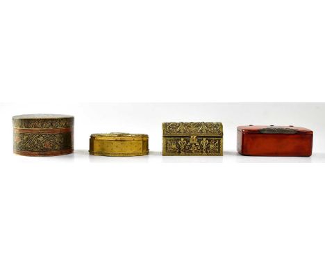 Four pillboxes comprising a 19th century French gilt metal pill box, the engine turned top inlaid with a miniature portrait o