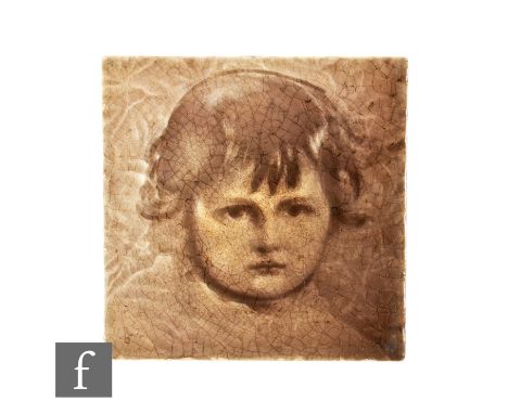 An early 20th Century Carter &amp; Co 6 inch dust pressed tile, decorated with a relief moulded portrait of a child in grey g