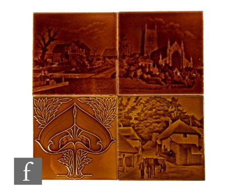 Two Mintons China Works 6 inch dust pressed tiles, relief moulded with architectural scenes including Worcester Cathedral and