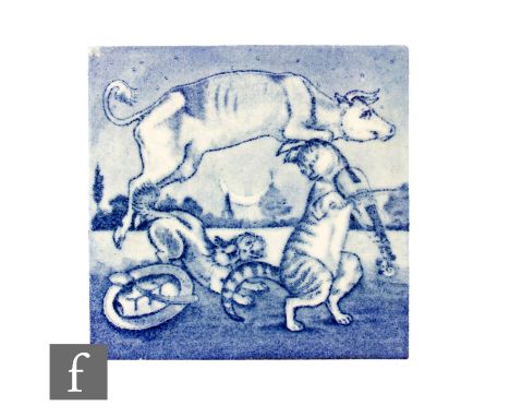 A 19th Century E Smith &amp; Co 6 inch dust pressed tile, blue transfer printed over white ground, 'Hey Diddle Diddle', mould