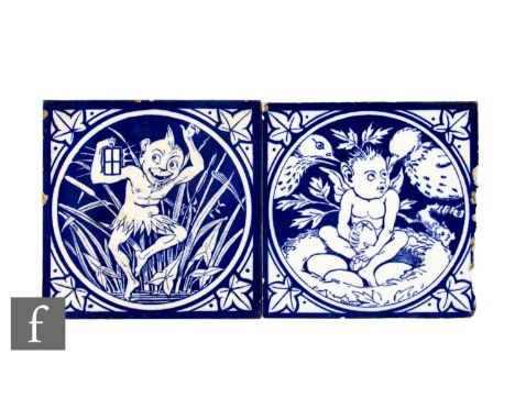 Two 19th Century Mintons China Works 6 inch dust pressed tiles, from the Elfin series, blue transfer printed on white ground,