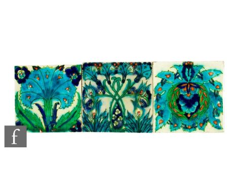 Two 19th Century Pilkington's 6 inch plastic clay tiles, hand painted in the Persian style in tones of blue and green with ra