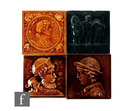 A 19th Century Burmantofts 6 inch plastic clay tile, relief moulded with three parakeets to a bough against a patterned groun