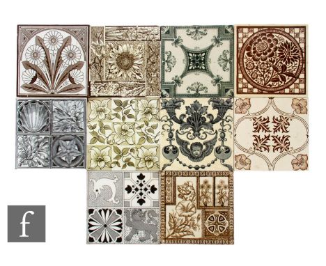 A collection of ten late 19th Century 6 inch dust pressed floral and aesthetic tiles, including John Meir &amp; Son tile, bro