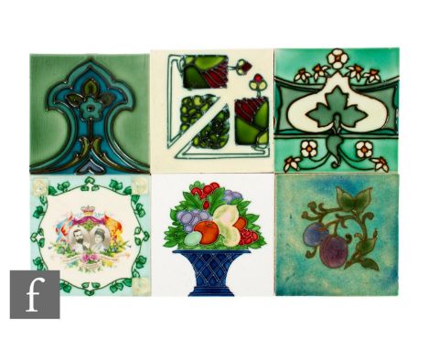 A 20th Century Carter &amp; Co 6 inch dust pressed tile, tube line decorated with a lattice work vase filled with fruit and f