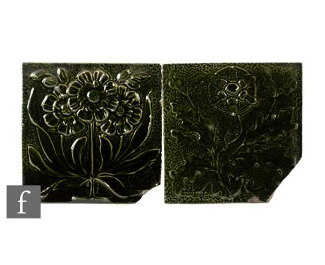 A 19th Century Burmantofts 8 inch plastic clay tile, moulded in relief with a stylised oak bough with acorns picked out in a 