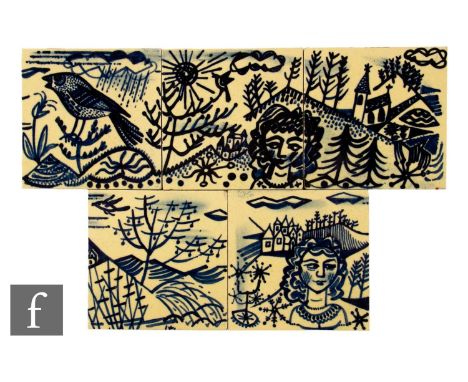 A set of five 20th Century Diamond Tile Co 4 inch dust pressed tiles, painted blue over buff ground, decorated with figures, 