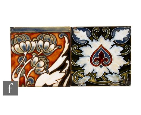 A 19th Century heavy Doulton Lambeth 6 inch dust pressed ceramic tile, relief moulded and enamel decorated by Emily Robinson 