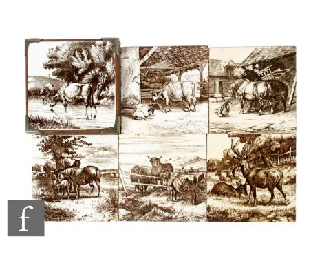 A set of six 19th Century Mintons China Works, Stoke on Trent 6 inch dust pressed tiles, Animals of the Farm, pattern 1699, d