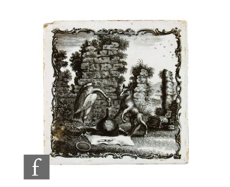 An 18th Century 5 inch tile by Sadler &amp; Green of Liverpool, transfer printed with an image of The Fox and the Stork from 