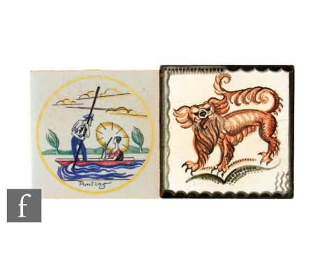 An early 20th Century Carters Poole 5 inch dust pressed tile, to include Punting from the Sporting series designed by Edward 